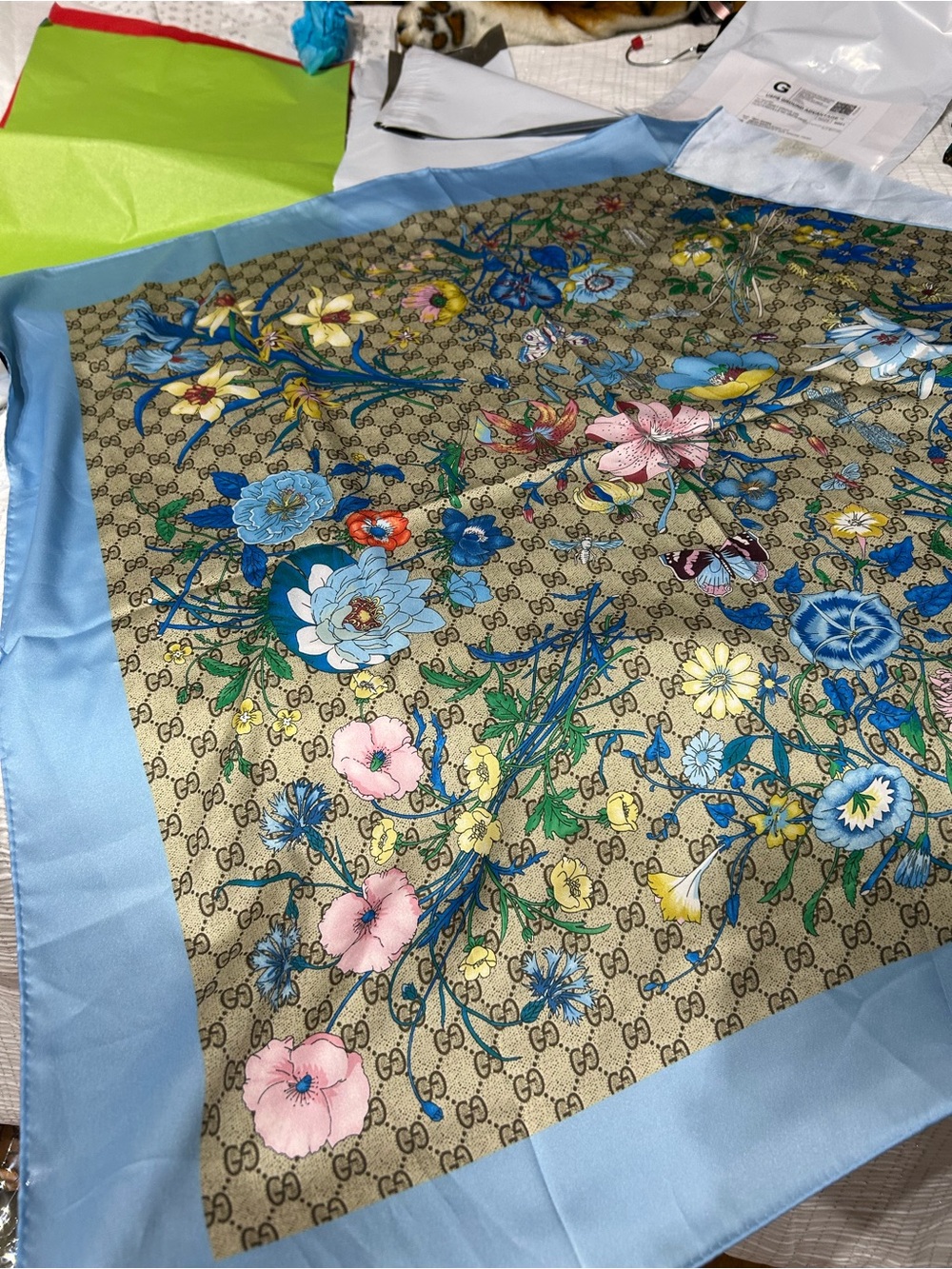 Designer Floral Silk Scarf - Blue Border